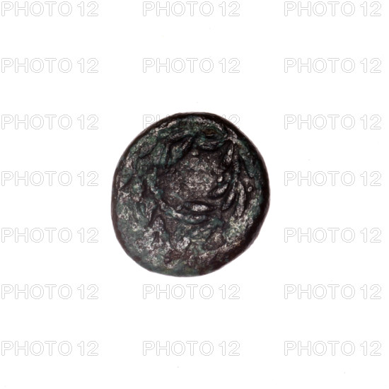 bronze coin, Pantikapaion; obv: head of Apollo right; reverse: laurel wreath, inscription below; iconography: wreaths, head of Apollo (laurel wreath); date: 1st half of the 2nd–ca. mid-2nd century BC; region: Cimmerian Bosporus, Black Sea; weight 1.00 g; axis 270°; dimensions 10.8 × 11.2 mm; maker/date attribution: Pantikapaion.