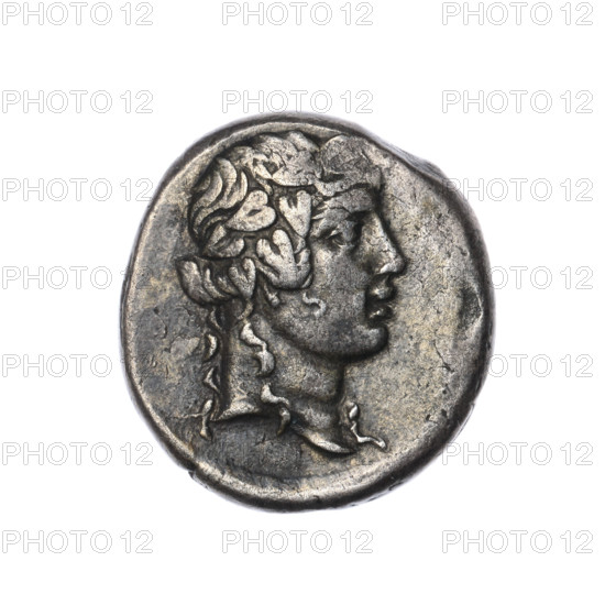 Didrachma, Pantikapaion; obverse: head of Dionysus in an ivy wreath facing right; reverse: ivy wreath with a monogram above it, an inscription in three rows inside, and a bunch of grapes at the top; iconography: wreaths, grapes, Dionysus, ivy wreath, plants; monograms, inscription; date: 1st quarter of the 1st century BC (95–65 BC); provenance: Cimmerian Bosporus, Pantikapaion; maker: Terlecki, Ignatius (1860–1916) [attributed]; object type: coin; weight: 8.45 g; dimensions: 21.7 mm × 20.4 mm.