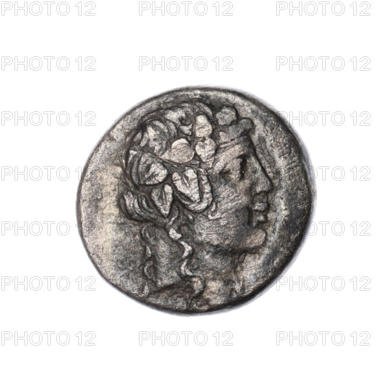 Didrachma, Pantikapaion; obverse: head of Dionysus in an ivy wreath facing right; reverse: ivy wreath, monogram above it, inscription in three rows within the wreath and a bunch of grapes at the top. Iconography: Dionysus, ivy wreath, grapes, plants. Monograms present. Date: 1st quarter of the 1st century BC (95–65 BC). Region: Cimmerian Bosporus, Pantikapaion. Coin; weight 7.60 g; diameter ~19.2–20 mm. Maker/attribution: Terlecki, Ignatius (1860–1916) noted.