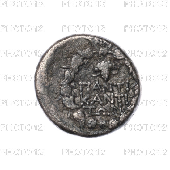 didrachma, Pantikapaion, wreaths, grapes, head of Dionysus (iconographic), monograms, Black Sea, Dionysus (mythology), ivy wreath (iconographic), plants; obverse: head of Dionysus in an ivy wreath facing right; reverse: ivy wreath, monogram above it, inscription in three rows and a bunch of grapes at the top; 1st quarter of the 1st century BC (95–65 BC according to Frolov 1999/2002), Cimmerian Bosporus, Pantikapaion; coin; weight 7.60 g; dimensions: 19.2–20 mm
