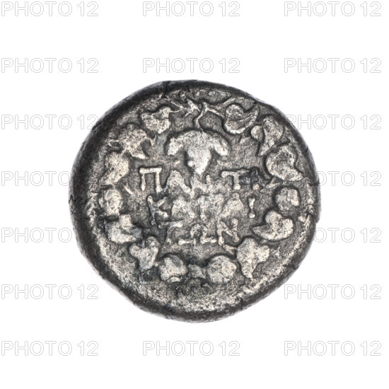 Didrachma, Pantikapaion; silver coin (didrachma), 1st quarter of the 1st century BC (95–65 BC according to Frolov 1999, 2002); Cimmerian Bosporus, Pantikapaion. Obverse: head of Dionysus facing right wearing an ivy wreath; reverse: ivy wreath with a monogram above it, inscription in three rows within the wreath and a bunch of grapes at the top. Iconography: Dionysus, ivy wreath, grapes, plants; monograms and inscriptions. Weight 6.82 g; diameter ca. 19.7–20.2 mm. Maker/date attribution: Pantikapaion.