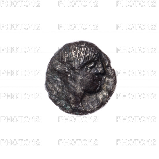 drachma, Pantikapaion, deer, head of Dionysus (iconographic), thyrsus (iconographic), Black Sea, animals, Dionysus (mythology), aw: head of Dionysus to the right; rw: jumping deer to the right, behind it a thyrsus diagonally to the left, inscription at the top and bottom; 1st quarter of the 1st century BC (95–65 BC according to Frolov 2002 and 1999), Cimmerian Bosporus, Pantikapaion, coin, weight 2.23 g, dimension 1 14.8 mm, dimension 2 14.2 mm
