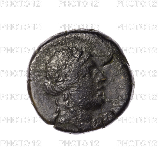 Bronze coin, Pantikapaion. Obverse: head of Apollo in a laurel wreath to the right. Reverse: tripod; behind it a thyrsus with ribbons diagonally to the right; on the right a monogram; an inscription in two rows on the sides. Iconography: head of Apollo, thyrsus, tripod, monograms. Date: 1st quarter of the 1st century BC (95–65 BC). Region: Cimmerian Bosporus, Pantikapaion. Material/function: coin, bronze. Weight: 11.65 g. Dimensions: 22.3 mm × 22.7 mm. Maker/attribution: Terlecki, Ignatius (1860–1916) (name associated).