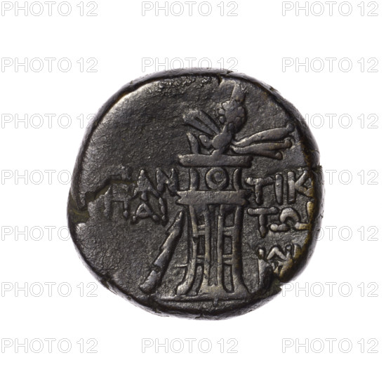 Bronze coin, Pantikapaion; obverse: head of Apollo in a laurel wreath facing right; reverse: tripod, behind it a thyrsus with ribbons diagonally to the right, at right a monogram, inscription in two rows on the sides. Iconography: head of Apollo, thyrsus, tripod, monograms. Apollo (mythology). 1st quarter of the 1st century BC (95–65 BC according to Frolov). Cimmerian Bosporus, Pantikapaion. Coin; weight 11.65 g; diameters 22.3 mm and 22.7 mm.