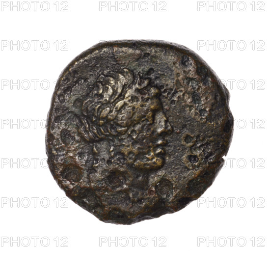 bronze coin, Pantikapaion; obverse: head of Apollo in a laurel wreath to the right; obverse: tripod, behind it a thyrsus with ribbons diagonally to the right, on the right a monogram, an inscription in two rows on the sides; iconographic: thyrsus, tripod, head of Apollo; monograms; Black Sea; Apollo (mythology); 1st quarter of the 1st century BC (95–65 BC according to Frolov); Cimmerian Bosporus; Pantikapaion; coin; weight 10.20 g; diameter ca. 23.1–23.4 mm