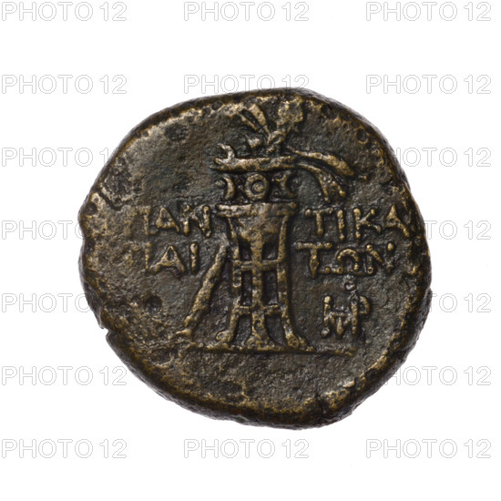 bronze coin, Pantikapaion; obverse: head of Apollo in a laurel wreath to the right; obverse: tripod, behind it a thyrsus with ribbons diagonally to the right, on the right a monogram, an inscription in two rows on the sides; thyrsus (iconographic), tripod (iconographic), head of Apollo (iconographic), monograms; Apollo (mythology); Cimmerian Bosporus, Pantikapaion; 1st quarter of the 1st century BC (95–65 BC according to Frolov); coin; weight 10.20 g; dimensions 23.1 × 23.4 mm