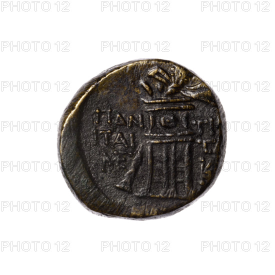 Bronze coin, Pantikapaion. Obverse: head of Apollo in a laurel wreath facing right. Reverse: tripod, behind it a thyrsus with ribbons diagonally to the right; monograms on left and right; inscription in two rows on the sides. Iconography: head of Apollo, thyrsus, tripod, monograms. Maker/date: 1st quarter of the 1st century BC (95–65 BC). Place: Cimmerian Bosporus, Pantikapaion. Material: bronze. Function: coin. Weight: 8.80 g. Dimensions: 19.5 mm × 21.1 mm.
