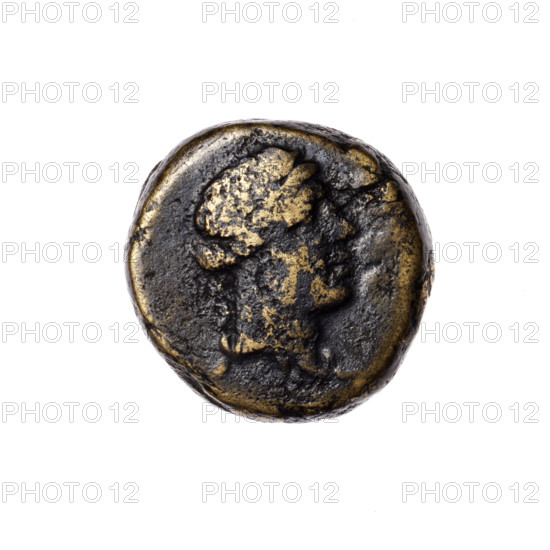 Bronze coin from Pantikapaion, Cimmerian Bosporus (1st quarter of the 1st century BC, 95–65 BC), depicting on the obverse: head of Apollo in a laurel wreath facing right; on the reverse: tripod, behind it a thyrsus with ribbons diagonally to the right, a monogram at right, and an inscription in two rows on the sides. Iconography: head of Apollo, thyrsus, tripod, monograms. Weight 8.67 g; diameters 18.5 mm and 19 mm.