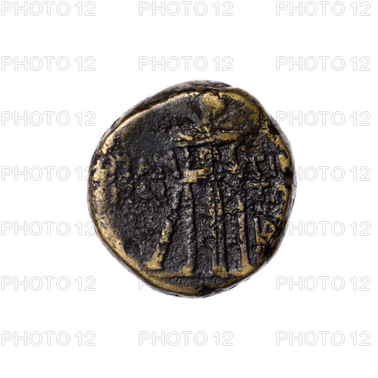 bronze coin, Pantikapaion; obverse: head of Apollo in a laurel wreath facing right; reverse: tripod, behind it a thyrsus with ribbons diagonally to the right, a monogram at right, inscription in two rows on the sides; iconographic elements: head of Apollo, thyrsus, tripod, monograms; mythology: Apollo; 1st quarter of the 1st century BC (95–65 BC); region: Cimmerian Bosporus (Pantikapaion); coin; weight 8.67 g; diameters 18.5 mm and 19 mm
