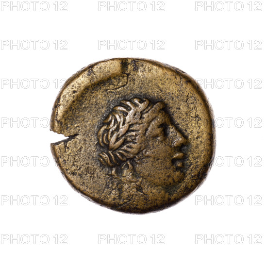 Bronze coin, Pantikapaion; obverse: head of Apollo in a laurel wreath to the right; reverse: tripod, behind it a thyrsus with ribbons diagonally to the right, on the right a monogram, an inscription in two rows on the sides; Apollo (mythology); monograms; Black Sea; 1st quarter of the 1st century BC (95–65 BC according to Frolov 2002 and 1999); Cimmerian Bosporus, Pantikapaion; coin; weight 8.12 g; dimensions 19.2 mm × 20.3 mm; maker: Terlecki, Ignatius (1860–1916)