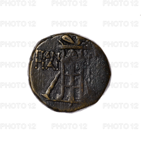 Bronze coin, Pantikapaion. Obverse: head of Apollo in a laurel wreath to the right. Reverse: tripod, behind it a thyrsus with ribbons diagonally to the right, on the right a monogram, an inscription in two rows on the sides. Iconography: head of Apollo, thyrsus, tripod, monograms. Date: 1st quarter of the 1st century BC (95–65 BC according to Frolov). Provenance: Cimmerian Bosporus, Pantikapaion. Maker/attribution: Terlecki, Ignatius (1860–1916). Function: coin. Material: bronze. Weight: 7.68 g. Dimensions: 19.3 mm; 19.9 mm.