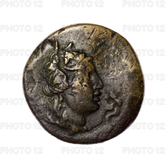 bronze coin, Pantikapaion; obverse: head of Apollo in a laurel wreath to the right; reverse: tripod, behind it a thyrsus with ribbons diagonally to the right, monograms at left and right, inscription in two rows on the sides; iconography: head of Apollo, thyrsus, tripod; monograms; Black Sea region; Apollo (mythology); maker: Szymonski, Jan (1887–1954) [maker attribution]; date: 1st quarter of the 1st century BC (95–65 BC according to Frolov); place: Cimmerian Bosporus, Pantikapaion; coin; bronze; weight 7.45 g; dimensions 22.4 × 22.7 mm.