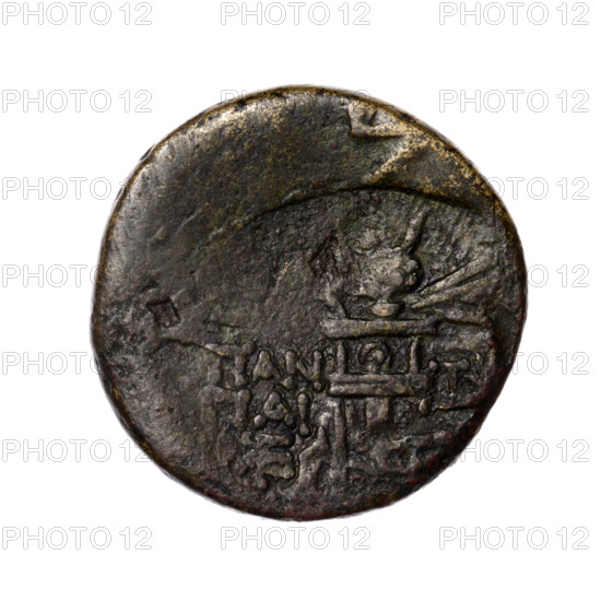 bronze coin, Pantikapaion, head of Apollo (iconographic), thyrsus (iconographic), tripod (iconographic), monograms, Black Sea, Apollo (mythology), obv: head of Apollo in a laurel wreath to the right; obv: tripod, behind it a thyrsus with ribbons diagonally to the right, on the left and right a monogram, an inscription in two rows on the sides; 1st quarter of the 1st century BC (95–65 BC according to Frolov), Cimmerian Bosporus, Pantikapaion, coin, weight 7.45 g, dimension 1 22.4 mm, dimension 2 22.7 mm