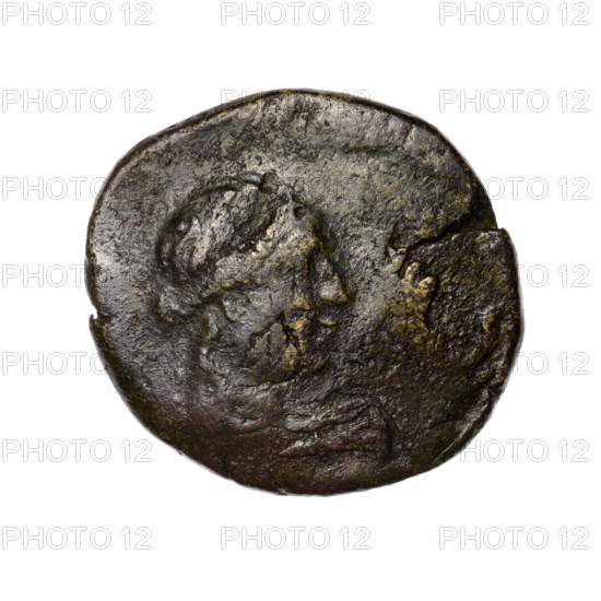 Bronze coin, Pantikapaion; obverse: head of Apollo in a laurel wreath to the right; reverse: tripod, behind it a thyrsus with ribbons diagonally to the right, monograms at left and right, inscription in two rows on the sides. Iconography: head of Apollo, tripod, thyrsus, monograms. Apollo (mythology). Dated 1st quarter of the 1st century BC (95–65 BC according to Frolov). Cimmerian Bosporus, Pantikapaion. Coin. Weight 7.40 g; dimensions 22.8 mm and 25.2 mm. Makers: Terlecki, Ignatius (1860–1916) noted.