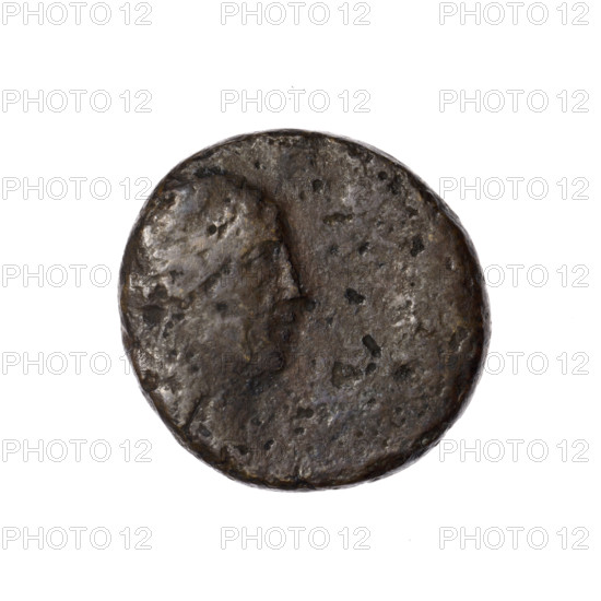 Bronze coin from Pantikapaion, obverse: head of Apollo in a laurel wreath facing right; behind it a tripod, with a thyrsus with ribbons diagonally to the right; monograms left and right; inscription in two rows on the sides. Iconography: Apollo, tripod, thyrsus. Maker/attribution: Pantikapaion, Cimmerian Bosporus. Date: 1st quarter of the 1st century BC (95–65 BC per Frolov). Materials and measurements: bronze; weight 7.29 g; diameters 20.2 mm and 21.2 mm. Other: monograms present.
