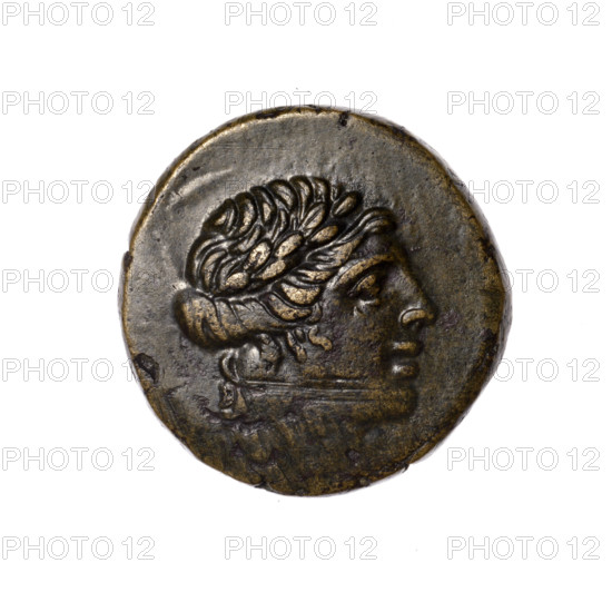 bronze coin, Pantikapaion; head of Apollo (iconographic), tripod (iconographic), thyrsus (iconographic), monograms; Apollo (mythology); aw: head of Apollo in a laurel wreath to the right; rw: tripod, behind it a thyrsus with ribbons diagonally to the right, on the left and right a monogram, an inscription in two rows on the sides; 1st quarter of the 1st century BC (95–65 BC according to Frolov 2002 and 1999); Cimmerian Bosporus, Pantikapaion; coin; weight 7.20 g; diameter 21.5–21.6 mm