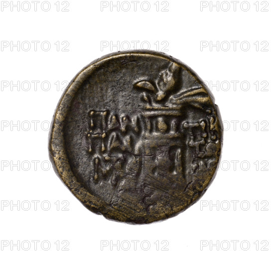 Bronze coin, Pantikapaion; head of Apollo (iconographic) in a laurel wreath to the right (obverse); reverse: tripod, behind it a thyrsus with ribbons diagonally to the right, monograms on left and right, inscription in two rows on the sides; Apollo (mythology); monograms; Black Sea; Cimmerian Bosporus, Pantikapaion; 1st quarter of the 1st century BC (95–65 BC); weight 7.20 g; diameter ~21.5–21.6 mm.