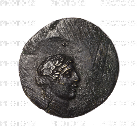 Bronze coin, Pantikapaion. Obverse: head of Apollo in a laurel wreath facing right. Reverse: tripod; behind it a thyrsus with ribbons diagonally to the right; monograms on left and right; inscription in two rows on the sides. Iconography: Apollo, tripod, thyrsus, monograms. Cimmerian Bosporus, Pantikapaion. Date: 1st quarter of the 1st century BC (c. 95–65 BC). Coin; weight 7.02 g; diameter ca. 24.4–24.7 mm.