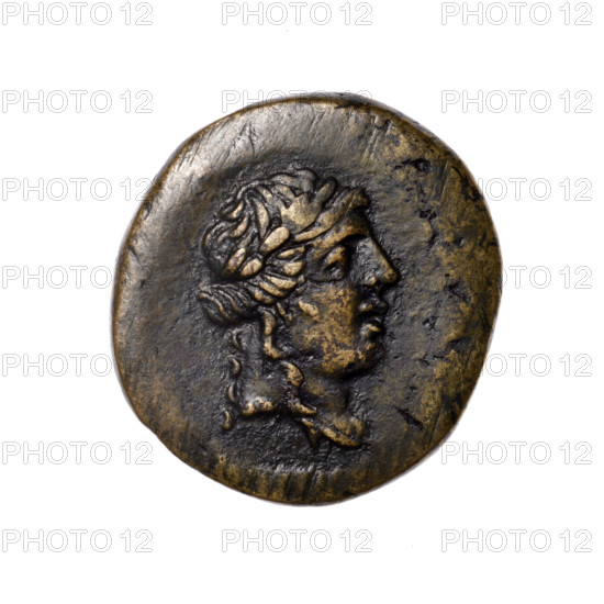 bronze coin, Pantikapaion; head of Apollo (iconographic); tripod (iconographic); thyrsus (iconographic); monograms; Black Sea; Apollo (mythology); obverse: head of Apollo in a laurel wreath to the right; reverse: tripod, behind it a thyrsus with ribbons diagonally to the right, monograms on left and right, inscription in two rows on the sides; 1st quarter of the 1st century BC (95–65 BC); Cimmerian Bosporus; coin; weight 6.98 g; diameter 23.2 mm x 21.6 mm