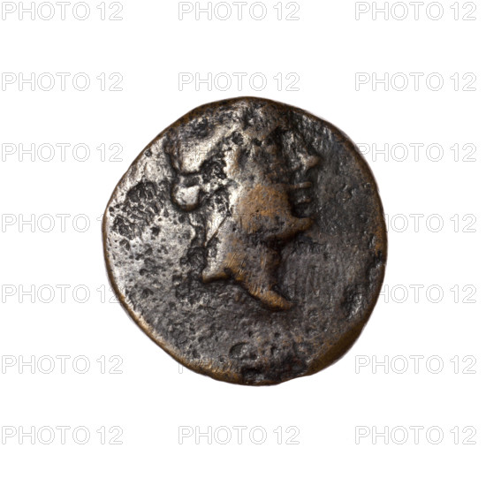 Bronze coin, Pantikapaion; obverse: head of Apollo in a laurel wreath facing right; reverse: tripod, behind it a thyrsus with ribbons diagonally to the right, monograms on left and right, inscription in two rows on the sides. Iconography: head of Apollo, tripod, thyrsus, monograms. Date: 1st quarter of the 1st century BC (95–65 BC). Place: Cimmerian Bosporus, Pantikapaion. Type: coin. Weight: 5.00 g. Dimensions: 20 mm × 19.8 mm.