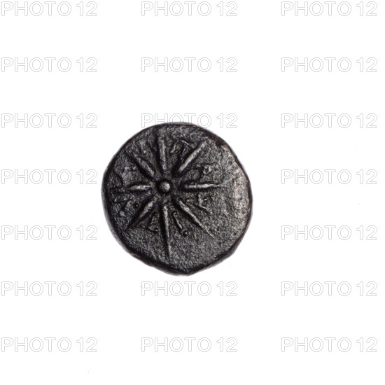 Bronze coin, Pantikapaion; obverse: tripod with cauldron, handles and lid; reverse: eight-pointed star with letters between the arms; end of 2nd–beginning of 1st century BC; Cimmerian Bosporus, Pantikapaion; iconography: tripod, eight-pointed star; coin; weight 3.20 g; axis 30°; dimensions 15.1 × 14.4 mm.