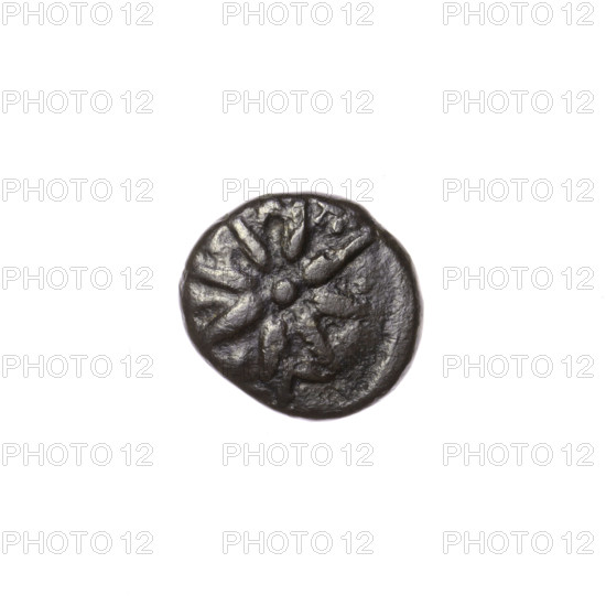bronze coin, Pantikapaion; tripod (iconographic); eight-pointed star (iconographic); stars; aw: tripod with cauldron, handles and lid; rw: eight-pointed star, letters between the arms; end of 2nd–beginning of 1st century BC; Cimmerian Bosporus; Pantikapaion; coin; weight 1.95 g; axis 330°; dimensions 13.6 × 13 mm; maker: Pantikapaion.