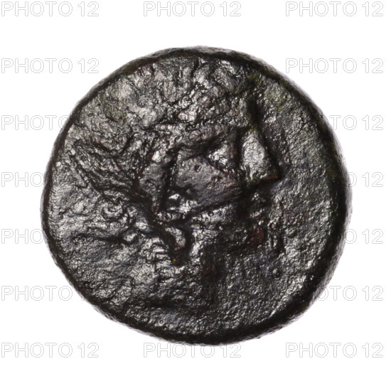 Bronze coin, Pantikapaion; obverse: head of Apollo in a laurel wreath facing right; reverse: eagle with spread wings and head turned back standing on a thunderbolt 3/4 facing left, monogram in the left field, inscription at the bottom. Iconography: eagles, eagle on a thunderbolt, head of Apollo; subjects: birds, Apollo (mythology), quivers (armed). Date: after 63 BC. Region: Cimmerian Bosporus, Pantikapaion. Material: bronze. Function: coin. Weight: 16.50 g. Dimensions: 25.6 mm and 26.7 mm. Maker: Terlecki, Ignacy (1860–1916) (attribution).