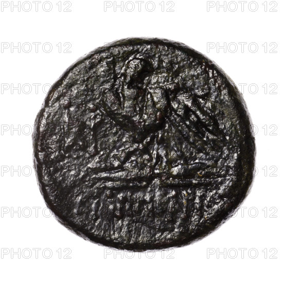 bronze coin, Pantikapaion; obverse: head of Apollo in a laurel wreath facing right; reverse: eagle with spread wings and head turned back standing on a thunderbolt 3/4 facing left, monogram in the left field, inscription at the bottom; iconography: eagles, eagle on a thunderbolt, head of Apollo, birds, Apollo (mythology), quivers (armed); Cimmerian Bosporus, Pantikapaion; after 63 BC; coin; weight 16.50 g; diameter 25.6–26.7 mm