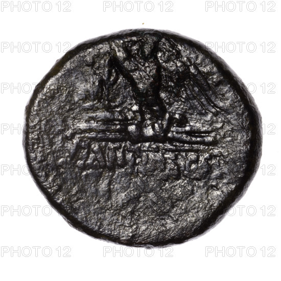 Bronze coin, Pantikapaion; after 63 BC, Cimmerian Bosporus. Obverse: head of Apollo in a laurel wreath facing right. Reverse: eagle with spread wings and head turned back standing on a thunderbolt 3/4 facing left; monogram in the left field; inscription at the bottom. Iconography: eagles, eagle on a thunderbolt, head of Apollo; motifs include birds, Apollo (mythology), quivers (armed). Coin; weight 16.50 g; dimensions 25.7 mm and 28 mm. Maker: Terlecki, Ignacy (1860–1916) noted.