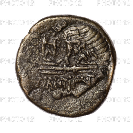 bronze coin, Pantikapaion; obverse: head of Apollo in a laurel wreath facing right; reverse: eagle with spread wings and head turned back standing on a thunderbolt 3/4 facing left, monogram in the left field, inscription at the bottom; iconography: eagles, eagle on a thunderbolt, head of Apollo; motifs: birds, Apollo (mythology), quivers (armed); maker: Terlecki, Ignacy (1860–1916) [maker attribution]; date: after 63 BC; region: Cimmerian Bosporus, Pantikapaion; material: bronze; weight: 13.62 g; diameter: 26.2 mm x 25.9 mm.