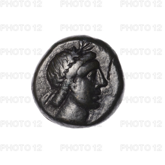 Bronze coin, Pantikapaion; obverse: head of Apollo in laurel wreath facing right; reverse: quiver with strap on the left, bow on the right, inscription in two columns on the sides; iconography: Apollo (mythology), weapons (bows, quivers); 2nd half of the 1st century BC, Cimmerian Bosporus (Pantikapaion); coin; weight 8.95 g; dimensions 18.7 × 18.4 mm.