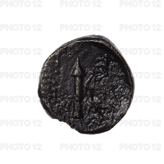 bronze coin, Pantikapaion; head of Apollo (iconographic) in laurel wreath facing right (obverse); quiver with strap on the left and bow on the right, inscription in two columns on the sides (obverse); Apollo (mythology); bows, quivers, weapons, armament (iconographic); 2nd half of the 1st century BC; Cimmerian Bosporus; coin; weight 6.87 g; dimensions 19.5 mm × 19.2 mm