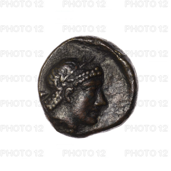 Bronze coin, Pantikapaion; obverse: head of Apollo in laurel wreath facing right; reverse: quiver with strap on the left, bow on the right, inscription in two columns on the sides; iconography: Apollo (mythology), quivers, bows, weapons, armament; 2nd half of the 1st century BC, Cimmerian Bosporus (Pantikapaion); coin; weight 6.65 g; diameter ~19.9 × 19.5 mm.
