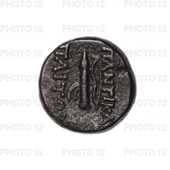 bronze coin, Pantikapaion; head of Apollo (iconographic); bows (armed); quivers; Black Sea; Apollo (mythology); armament (iconographic); weapon (iconographic); obv: head of Apollo in laurel wreath facing right; rev: quiver with strap on the left, bow on the right, inscription in two columns on the sides; 2nd half of the 1st century BC; Cimmerian Bosporus; Pantikapaion; coin; weight 5.74 g; diameter 18.9 mm