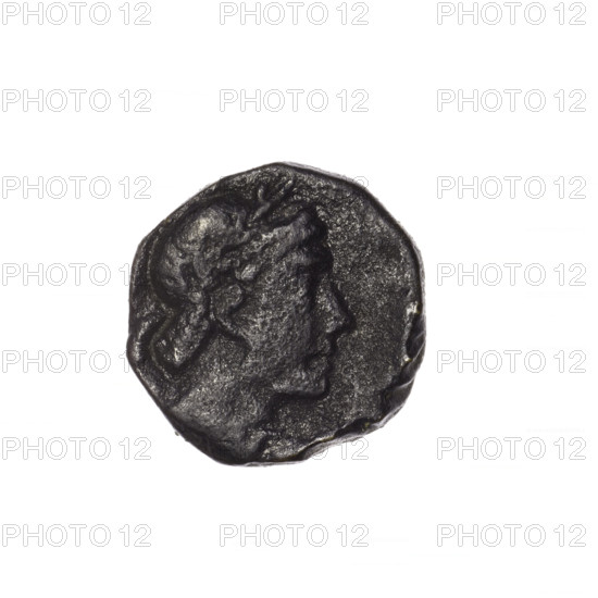 bronze coin, Pantikapaion; obv: head of Apollo in laurel wreath facing right; rev: quiver with strap on the left, bow on the right, inscription in two columns on the sides; iconography: bows (armed), head of Apollo, quivers, armament, weapons; mythology: Apollo; date: 2nd half of the 1st century BC; region: Cimmerian Bosporus, Pantikapaion; weight: 5.58 g; dimensions: 18.7 mm × 18.5 mm