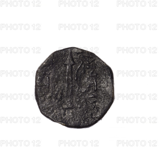 bronze coin, Pantikapaion; obv: head of Apollo in laurel wreath facing right; rev: quiver with strap on the left, bow on the right, inscription in two columns on the sides; iconography: bows (armed), quivers, head of Apollo, Apollo (mythology), armament, weapons; 2nd half of the 1st century BC; Cimmerian Bosporus, Pantikapaion; coin; weight 5.58 g; dimensions 18.7 mm × 18.5 mm
