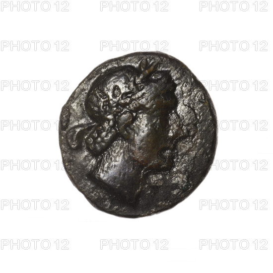 bronze coin, Pantikapaion; obverse: head of Apollo in laurel wreath facing right; reverse: quiver with strap on the left, bow on the right, inscription in two columns on the sides; iconography: Apollo, quivers, bows, weapons, armament; 2nd half of the 1st century BC, Cimmerian Bosporus, Pantikapaion; coin; weight 5.05 g; dimensions 20.4 mm × 19.2 mm
