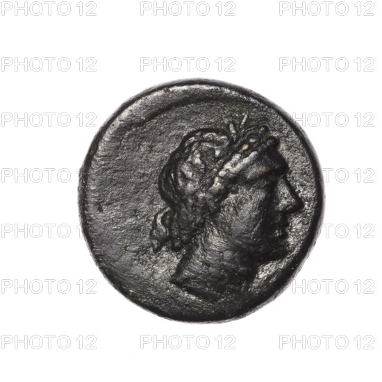 bronze coin, Pantikapaion; head of Apollo (iconographic); Pegasus (mythology); obv: head of Apollo in laurel wreath facing right; obv: grazing Pegasus facing left, with raised front right leg, inscription at the top and on the cut-off, pearl rim; 2nd half of the 1st century BC; Cimmerian Bosporus, Pantikapaion; coin; weight 8.42 g; dimensions 20.9 mm × 21.1 mm