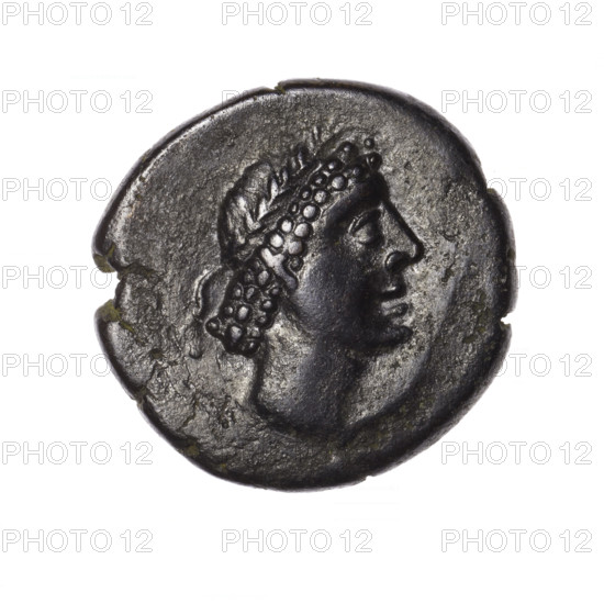 bronze coin, Pantikapaion; obverse: head of Apollo in laurel wreath facing right; reverse: grazing Pegasus facing left with raised front right leg, inscription at the top and on the cut-off, pearl rim; 2nd half of the 1st century BC; Cimmerian Bosporus, Pantikapaion; weight 8.23 g; dimensions 22.5 mm × 23.1 mm; iconography: Apollo, Pegasus; maker/artist: Terlecki, Ignacy (1860–1916)