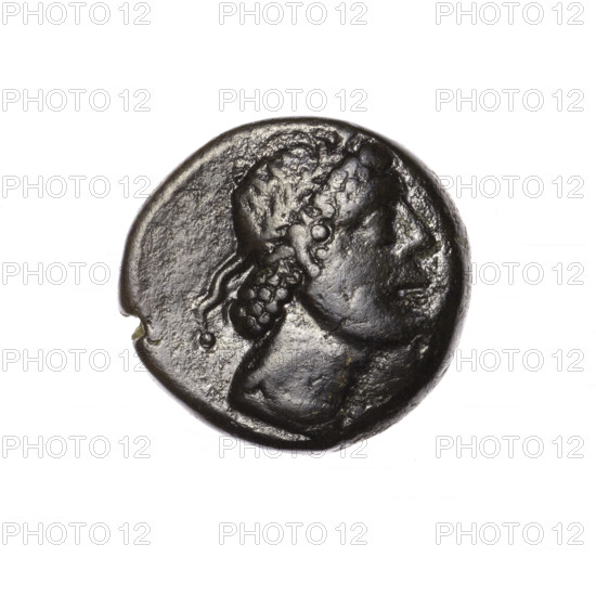 Bronze coin, Pantikapaion; obverse: head of Apollo in laurel wreath facing right; reverse: grazing Pegasus facing left with raised right foreleg, inscription at the top and on the cut-off, pearl rim. Apollo (iconography); Pegasus (mythology). 2nd half of the 1st century BC; Cimmerian Bosporus, Pantikapaion. Coin; weight 7.98 g; axis 330°; dimensions 18.7 × 19.1 mm.