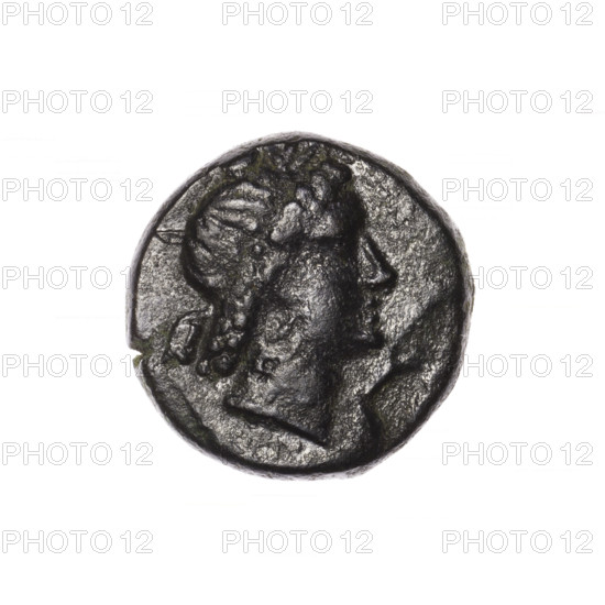 Bronze coin, Pantikapaion; obverse: head of Apollo in laurel wreath facing right; reverse: grazing Pegasus facing left with raised right foreleg, inscription at the top and on the cut-off, pearl rim. Apollo (iconography), Pegasus (mythology). 2nd half of the 1st century BC, Cimmerian Bosporus, Pantikapaion. Coin; weight 7.80 g; axis 330°; dimensions 18.7 mm × 18.7 mm.