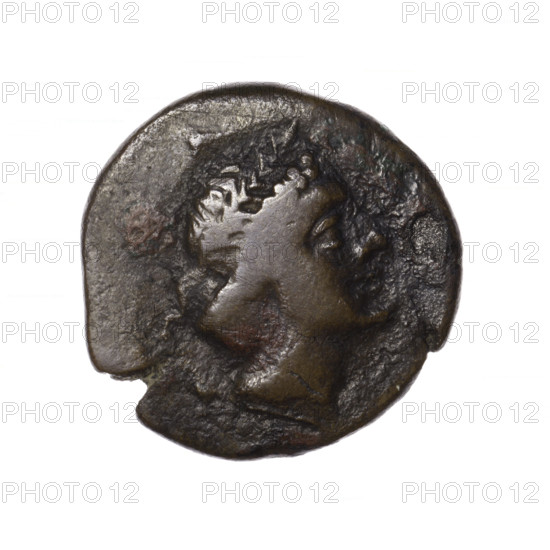 Bronze coin, Pantikapaion; obverse: head of Apollo in laurel wreath facing right; reverse: grazing Pegasus facing left with raised front right leg, inscription at the top and on the cut-off, pearl rim. Apollo (iconography); Pegasus (mythology). 2nd half of the 1st century BC, Cimmerian Bosporus, Pantikapaion. Coin; weight 6.27 g; diameter 22.6 mm. Maker: Terlecki, Ignacy (1860–1916)
