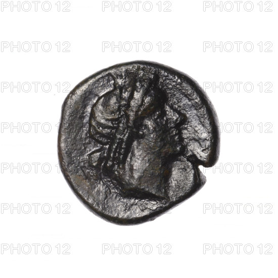 bronze coin, Pantikapaion, head of Apollo (iconographic), Pegasus (mythological), Black Sea, Apollo (mythological), obv: head of Apollo in laurel wreath facing right; obv: grazing Pegasus facing left, with raised front right leg, inscription at the top and on the cut, pearl rim; 2nd half of the 1st century BC, Cimmerian Bosporus, Pantikapaion, coin, weight 6.05 g, axis 300 degrees, dimension 1 19.6 mm, dimension 2 19.2 mm