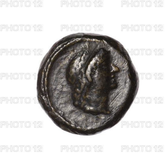 bronze coin, Pantikapaion, prora (iconographic), head of Apollo (iconographic), Black Sea, Apollo (mythology), ships, obverse: head of Apollo in laurel wreath to the right, pearl rim; reverse: prora to the right, inscription at the top and bottom, pearl rim; end of the 1st century BC, Cimmerian Bosporus, Pantikapaion, coin, weight 7.37 g, dimension 1 19.2 mm, dimension 2 19 mm