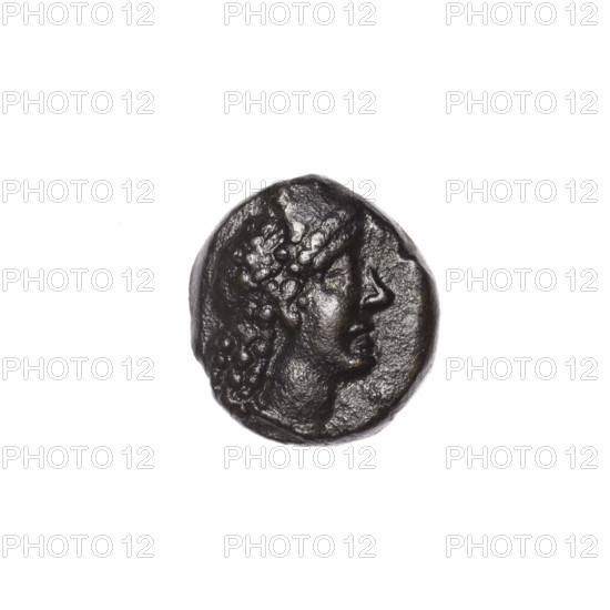 bronze coin, Pantikapaion; head of Apollo (iconographic) on obverse—head of Apollo in laurel wreath to the right, pearl rim; reverse—prora (ship prow) to the right, inscription at the top and bottom, pearl rim; Apollo (mythology); ships; end of the 1st century BC; Cimmerian Bosporus; weight 2.85 g; dimensions 15.2 mm × 14.6 mm