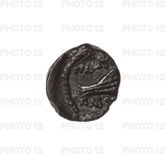 bronze coin, Pantikapaion; obverse: head of Apollo in laurel wreath to the right, pearl rim; reverse: prora to the right, inscription at the top and bottom, pearl rim; Apollo (mythology); ships; end of the 1st century BC; Cimmerian Bosporus, Pantikapaion; coin; weight 2.85 g; dimensions 15.2 mm × 14.6 mm
