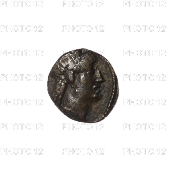 bronze coin, Pantikapaion, prora (iconographic), head of Apollo (iconographic), Apollo (mythology), ships; obverse: head of Apollo in laurel wreath to the right, pearl rim; reverse: prora to the right, inscription at the top and bottom, pearl rim; end of the 1st century BC, Cimmerian Bosporus, Pantikapaion; coin, weight 2.77 g, dimension 14.6 mm × 14.8 mm