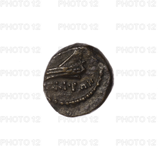 bronze coin, Pantikapaion, prora (iconographic), head of Apollo (iconographic), Black Sea, Apollo (mythology), ships, obverse: head of Apollo in laurel wreath to the right, pearl rim; reverse: prora to the right, inscription at the top and bottom, pearl rim; end of the 1st century BC, Cimmerian Bosporus, Pantikapaion, coin, weight 2.77 g, dimension 1 14.6 mm, dimension 2 14.8 mm