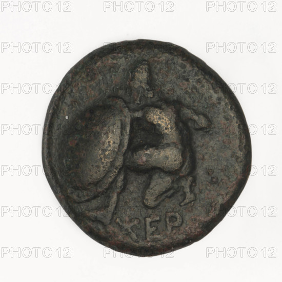 bronze coin, Chersonesos; Artemis on a quadriga to the right, torch in raised right hand, HP at the top; reverse: naked warrior kneeling left, round shield in left hand, spear horizontally in right hand, helmet on head, XEP at the bottom; iconography: Artemis on a quadriga, warriors, kneeling warrior; attribute: torch; quadriga, carts; mythology: Artemis; Black Sea; maker/owner: Ignatius Terlecki (1860–1916) [name retained only as maker if applicable]; date: 350–330 BC; provenance: Chersonesos (Chersonesos Taurica); medium: bronze coin; weight: 6.35 g; dimensions: 20 mm and 19.3 mm