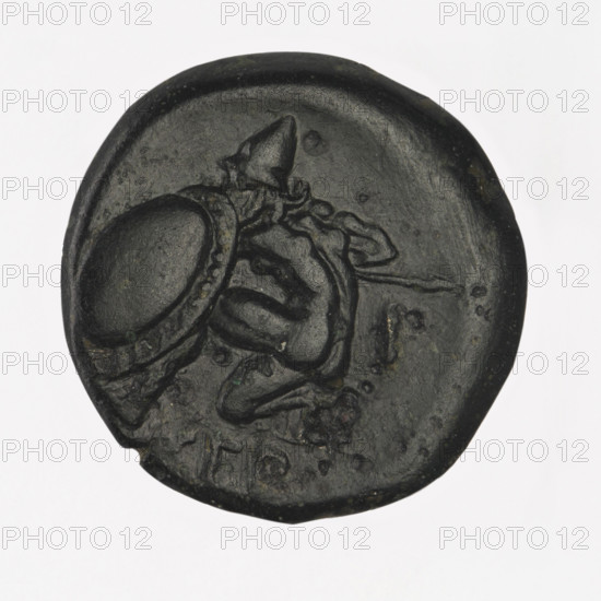 bronze coin, Chersonesos, Artemis on a quadriga (iconographic), kneeling warrior (iconographic), warriors, Artemis (mythology), Black Sea, carts, quadriga (iconographic), torch (attribute), av: Artemis (Deva) on a quadriga to the right, a torch in the raised right hand; rv: naked warrior kneeling to the left, a round shield in the left hand, a spear horizontally in the right hand, a helmet on his head, the letter I in the right field, the inscription XEP in the cut-off; 350–330 BC, Chersonesos Taurica (Chersonesos), coin, weight 6.15 g, axis 210°, diameter 20.5 mm × 20.2 mm